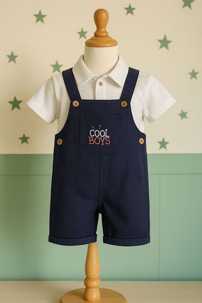 Baby Navy Blue Linen Solopet with White Shirt 100% Cotton Comfortable Stylish Baby Set