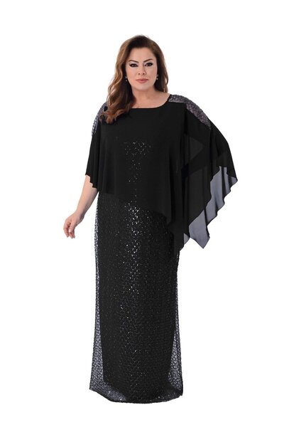 LİLAS XXL 2533 Büyük Beden Yarasa Kol Pelerin Detay Pulpayet Uzun Elbise