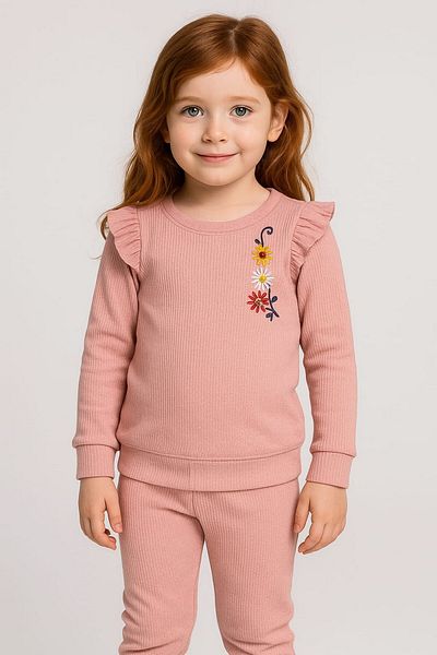dinamik çocuk Waffle Fabric Floral Embroidered 2 Thread Seasonal Suit Set for 2-6 Years Old Girl