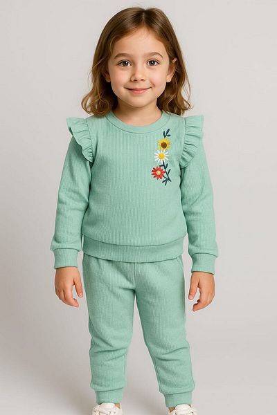 dinamik çocuk Waffle Fabric Floral Embroidered 2 Thread Seasonal Suit Set for 2-6 Years Old Girl