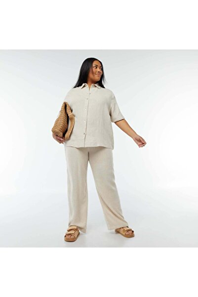 KIABI بنطلون مستقيم الساق مع خصر مطاطي + أربطة باللون الأبيض