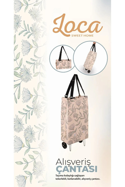 loca sweet home Tekerlekli Katlanabilir Alışveriş Çantası 20x54x35 Cm Çiçek Desenli, Omuz Askılı, Pazar Arabası