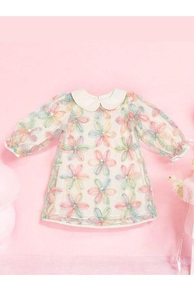 Zekids Girl's Baby Doll Collar Floral Embroidered Design Dress