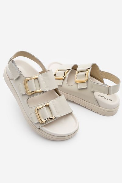 Marjin Women's Genuine Leather Gold Buckle Weft Double Strap Thick Sole Daily Sandals Risay Ecru