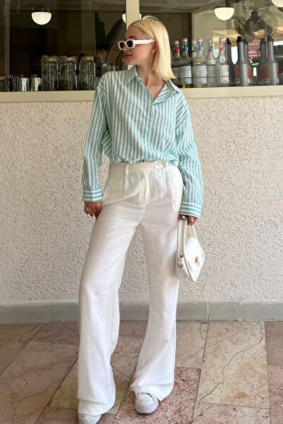 Seeh Zöld csíkos gombos részletes hosszú ujjú női ing SH178