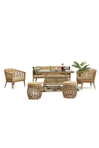 Divona Home Linda Rattan Bahçe Balkon Oturma Grubu (3 1 1 Masa 2 Puf )
