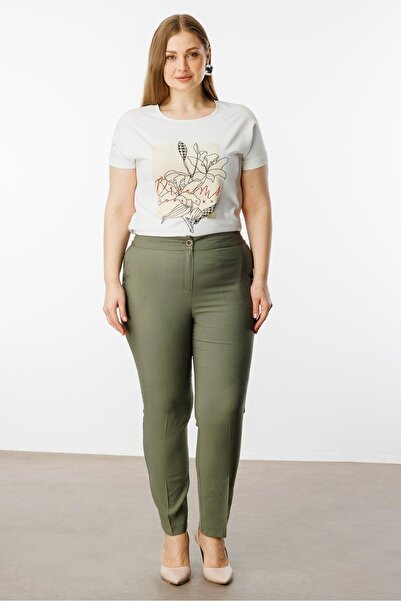 Moda İlgi Fashion Interest Women's Plus Size Back Elastic Waist Pants 30023 Khaki