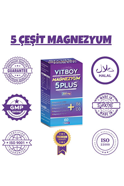 Vitboy Multi Magnesium 5 Plus Complex 60 Tablets 200Mg Malate-Bisglycinate-Citrate-L-Treonate-Taurate-B6-D3