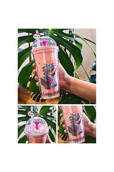 CHANCE GİFT Cute Dino Themed Glittery Party Supplies Water Bottle with Straw Flask Soft Drink Bottle Pink 2769 (450 ml)