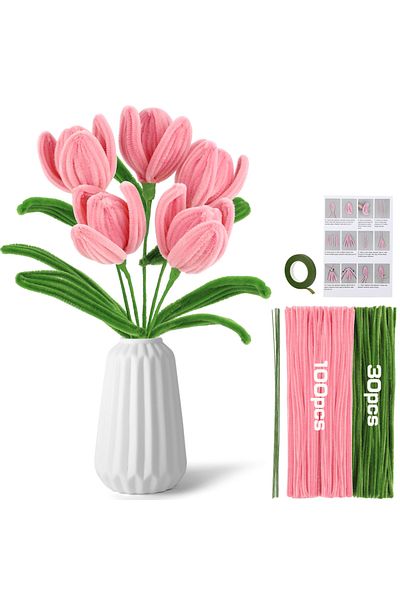 Choice 5 Flower Fenrry Pink Tulip Pipe Cleaners Craft Supplies With Wrapping Paper Step-by-step Video Tutor