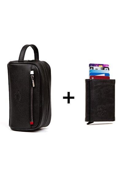 Newish Erkek Siyah Vegan Deri Traş Ve El Çantası & Alüminyum Mekanizmalı Kart...