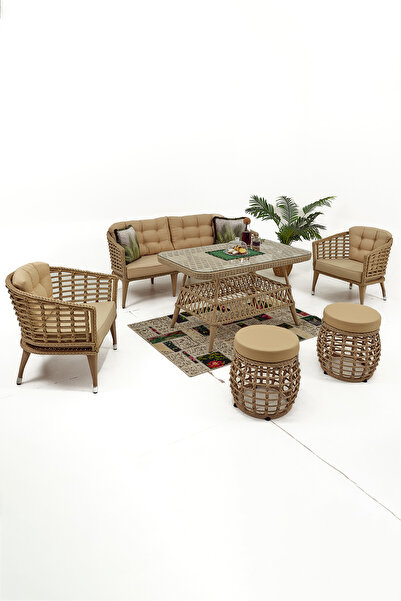 Divona Home Linda Rattan Bahçe Balkon Oturma Grubu (3 1 1 Masa 2 Puf )