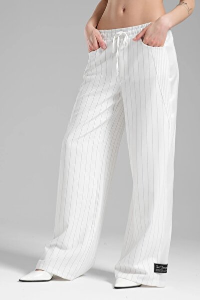 tw3 Women's Satin Fabric and Striped Fabric Detailed Elastic Waist Design Trousers