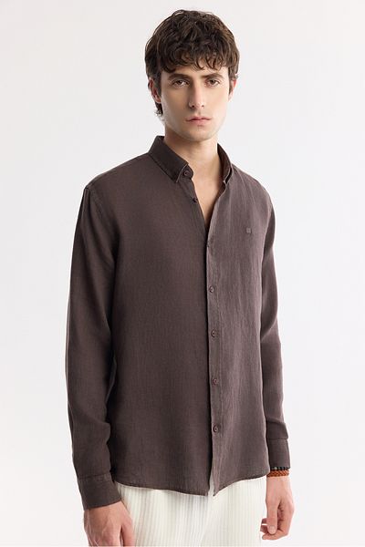 Avva Men's Brown Comfort Fit 100% Linen Button Collar Shirt B002191