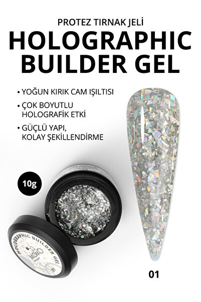 MOMO professional Holographic Builder Gel, Nail Art için Protez Tırnak Jeli No.01, Glitter Gümüş Simli, 10 gr