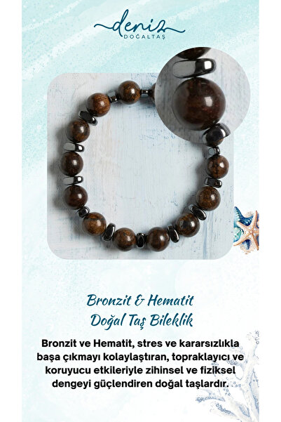 Deniz Doğal Taş Sertifikalı Bronzit ve Hematit Özel Tasarım Doğal Taş Bilekli...