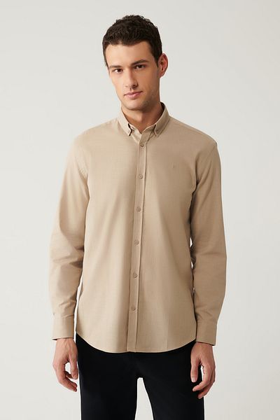 Avva Men's Mink Buttoned Collar 100% Cotton Linen Textured Shirt E 002141