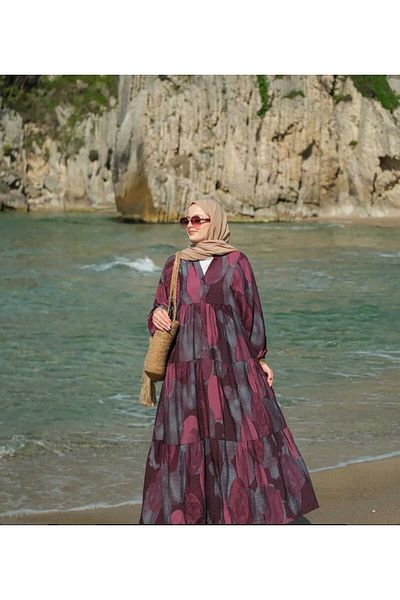 QUAWEAR V-Neck Sleeve Mouth Elastic Half Placket Button Viscose Fabric Full Length Dress