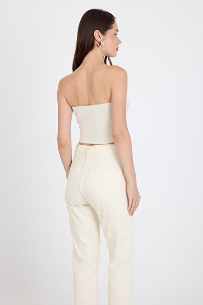 Eco Sense Women's Strapless Gathered Crop Blouse with Knot Detail on the Chest