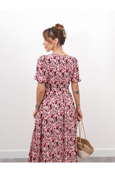 Maldia Shop Women's Bohemian Pattern Balloon Sleeve Pink Dress