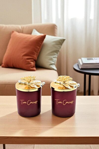 Tiem Concept Dekoratif Özel Tasarım Gold Dallı Çiçektepelikli Amber Kokulu 2li Bordo Bardak Mum Seti