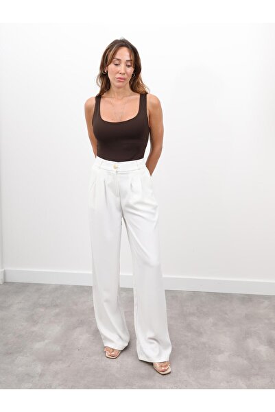 Maldia Shop Women's High Waist Pleated Palazzo Ecru Trousers with Elastic Back