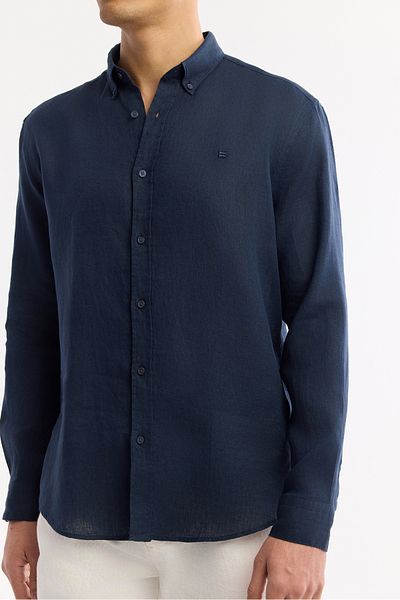 Avva Ανδρικό πουκάμισο με πέτο με κουμπιά Navy Blue Comfort Fit 100% λινό B002191