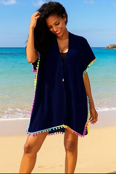 Axesoire 13321 Πολύχρωμη φούντα με λεπτομέρεια Navy Blue Pareo