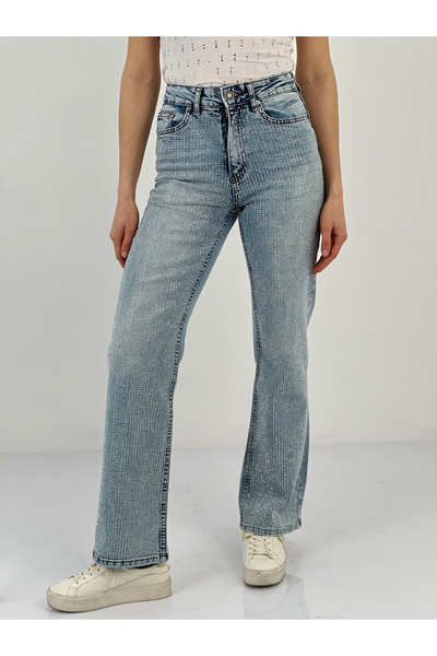 Miss Poem Pantaloni de damă cu picioare largi în față, cu piatră completă, albastru