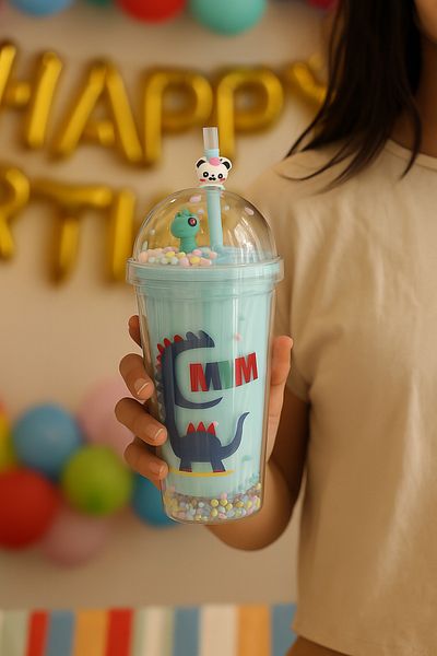 CHANCE GİFT Cute Dino Themed Double Layer Party Supplies Water Bottle with Straw Flask Soft Drink Bottle Blue 2769