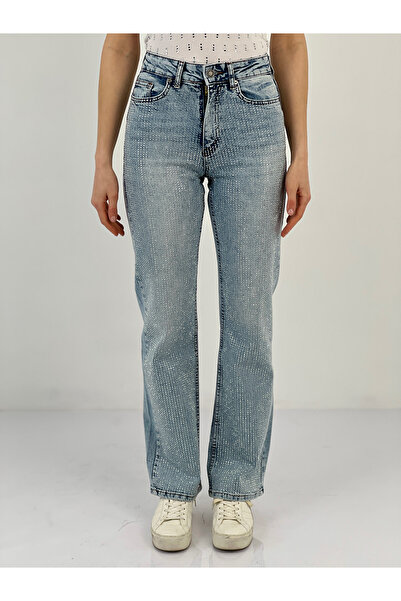 Miss Poem Pantaloni de damă cu picioare largi în față, cu piatră completă, albastru