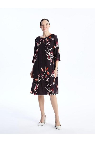 LC Waikiki Crew Neck Floral Linen Look Women's Dress (S4)