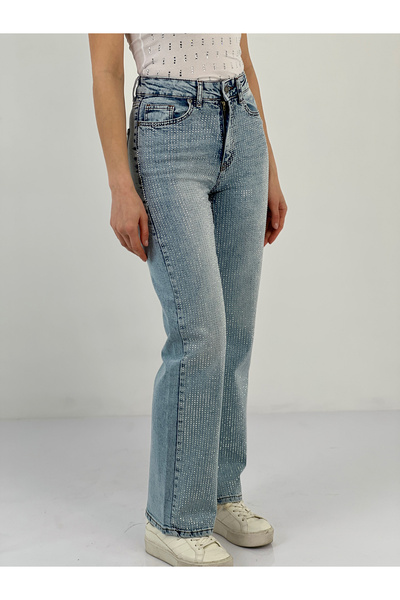 Miss Poem Pantaloni de damă cu picioare largi în față, cu piatră completă, albastru