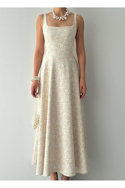 Julidress Φόρεμα Premium Design με μπεζ κέντημα με ανάγλυφο λουλουδάτο μοτίβο και λουράκι