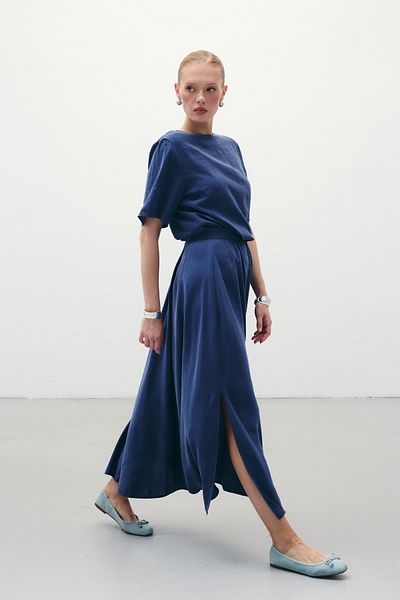Sateen Slit Long Skirt - Indigo