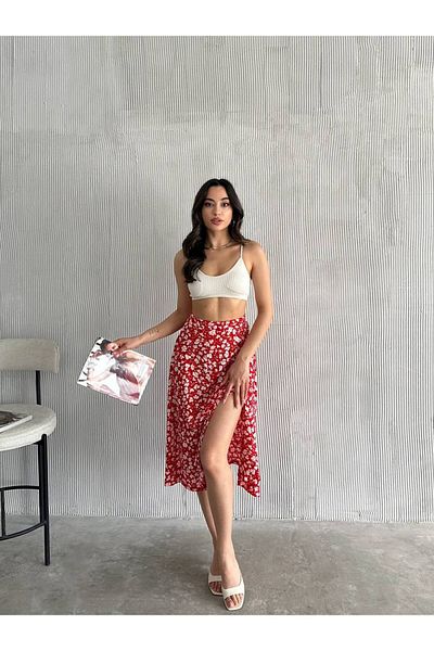 REELMODA Women's Red Patterned Slit Stretchy Stylish Summer Skirt