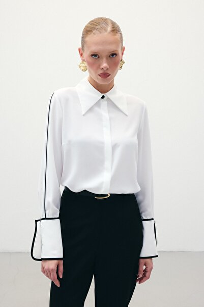 Sateen Klasik Manşetli Kontrast Gömlek - Ekru