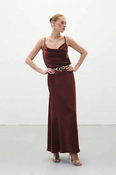 Sateen Μακριά Σατέν Φούστα - Καφέ