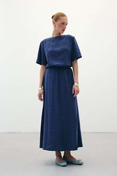 Sateen Yırtmaçlı Uzun Etek - İndigo