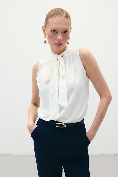 Sateen Sleeveless Blouse with Scarf - Ecru