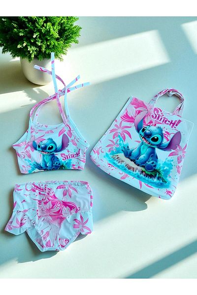 MİLAYS LİFE HOME COLLECTİON Girl's Character Printed Skirt with Ruffles - Rope Tie Bag Swimsuit Bikini 3 Piece Set