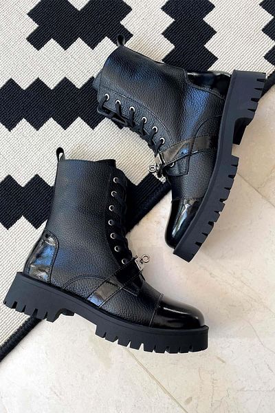 Bambi Black Black Wrinkled Patent Leather Genuine Leather Women's Boots & Booties02274320303