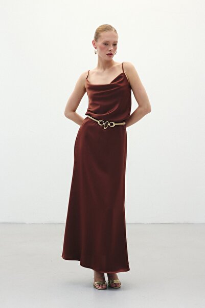 Sateen Дълга сатенена пола - кафява