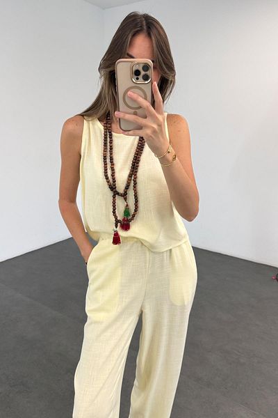 5in1Canpolat Yellow Zero Sleeve Blouse Pants Set