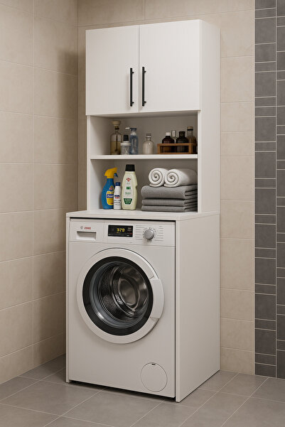 Bladimo Çamaşır Makinası Dolabı, Banyo Dolabı, 4 Raflı, Kapaklı