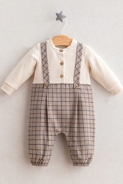 Tongs Baby Baby Boy Bear and Fish Square Patterned Strappy Gray Jumpsuit & Slippers 100% Cotton