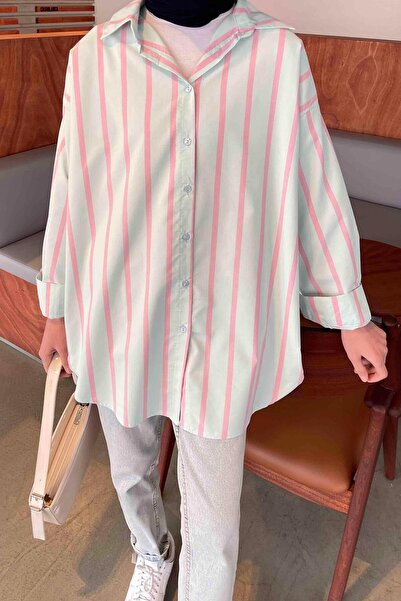 lamelif Πουκάμισο Oversize Thick Line με λεπτομέρειες Water Green