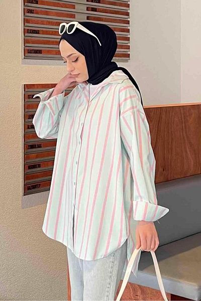lamelif Πουκάμισο Oversize Thick Line με λεπτομέρειες Water Green
