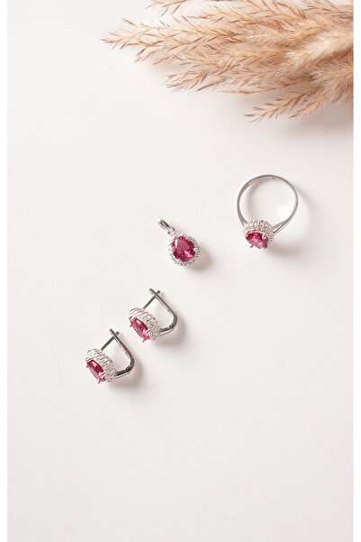 SUNSHINE 925 Ayar Gümüş , Yakut Taşlı Damla Tasarımlı Kolye, Küpe ve Yüzük Seti