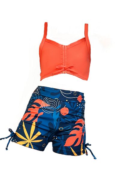 Tides Girls Swimsuit Set with Shorts / Tropical Shorts and Orange Top